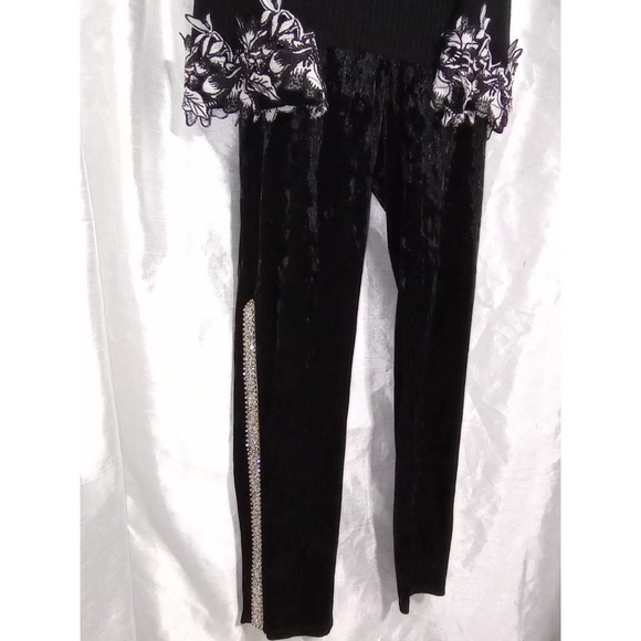 RHINESTONES VENUS Velvet Leggings Black Velour diamond pants - Picture 1 of 7